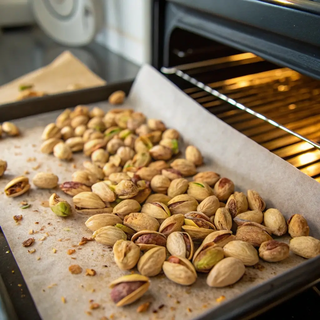 Pistachios being roasted on a baking tray for enhanced flavor.