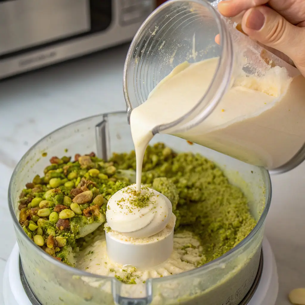 Adding cream and vanilla to pistachio paste for smooth consistency.