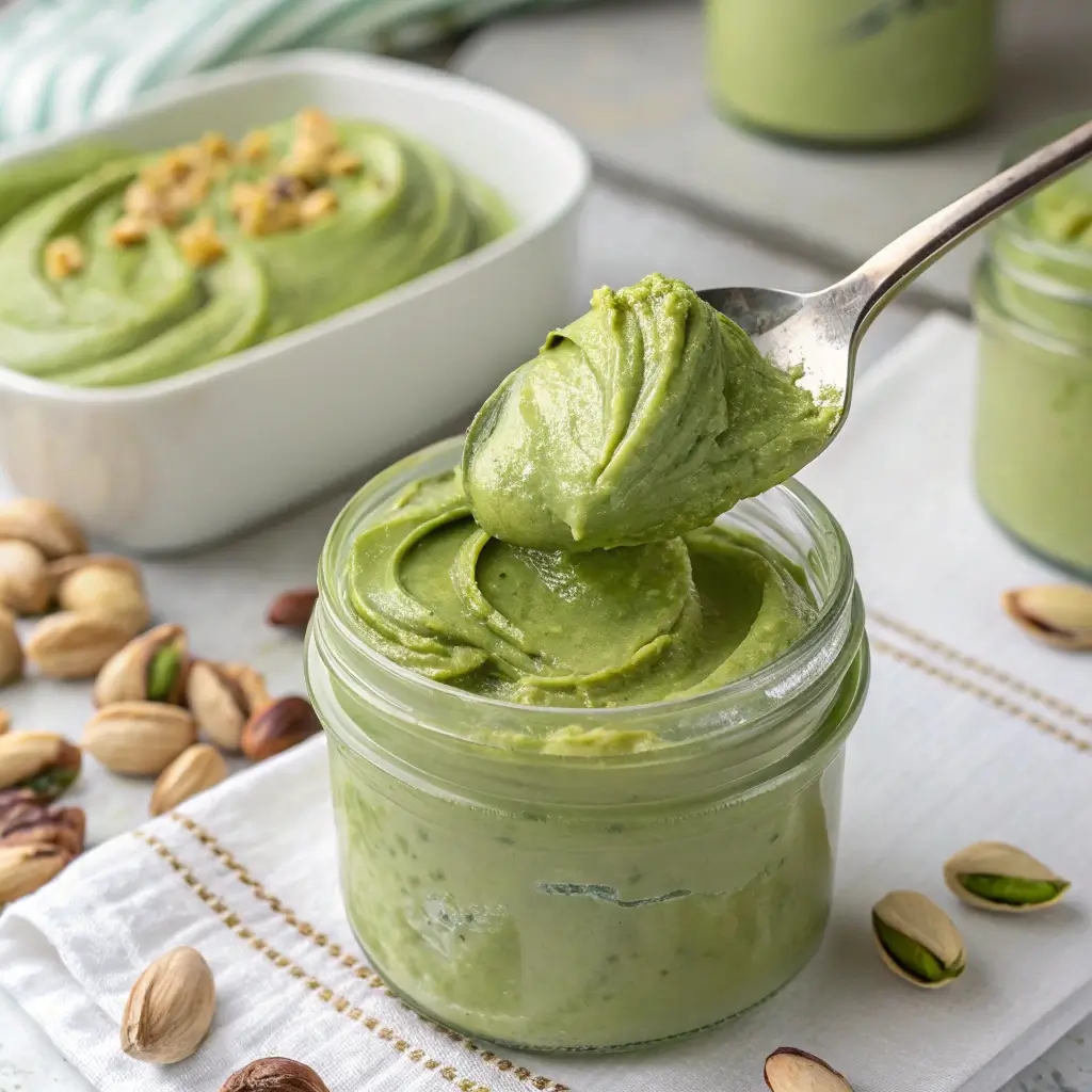 Freshly made pistachio cream being stored in a glass jar.