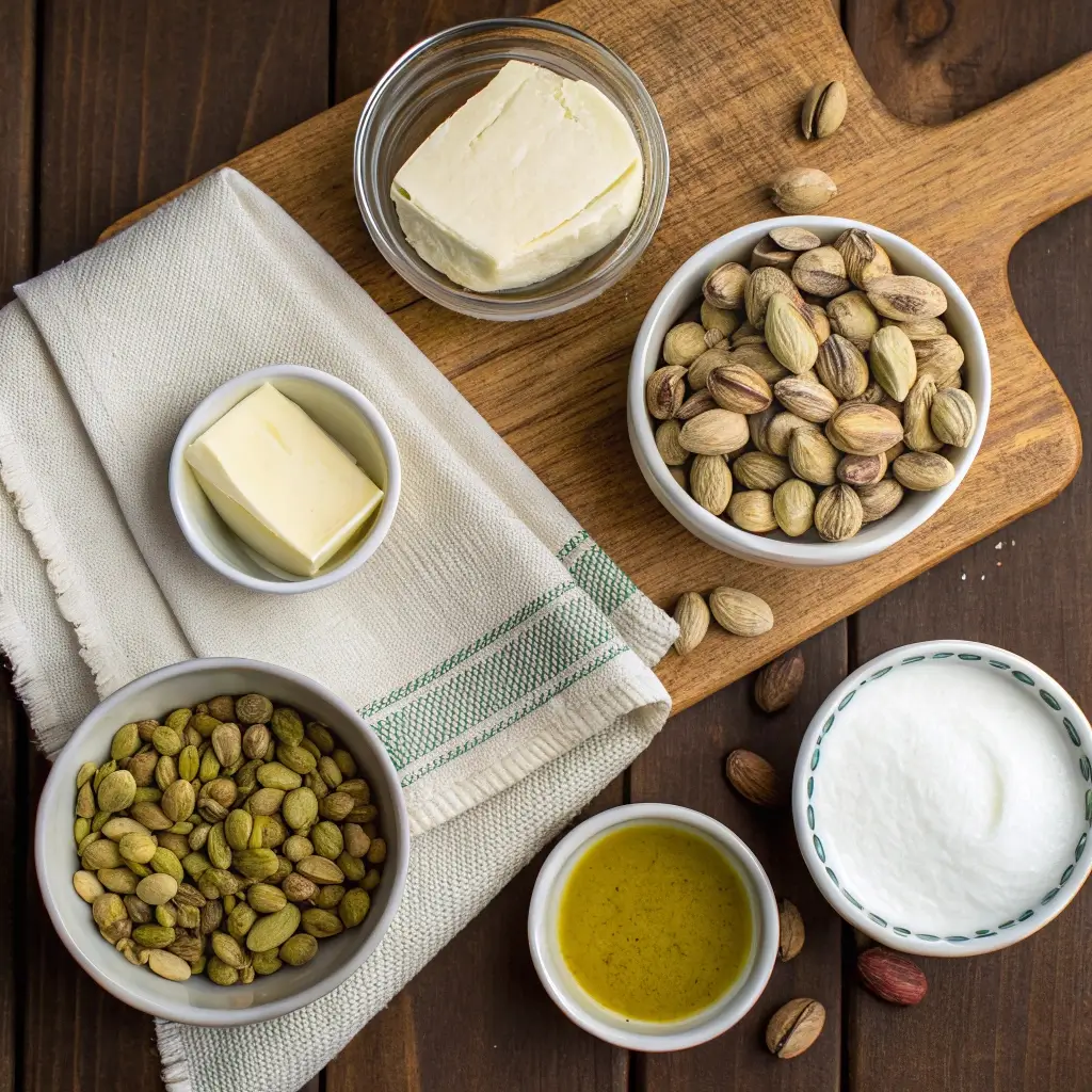 Flat lay of ingredients for pistachio cream recipe including pistachios, cream, sugar, and vanilla.