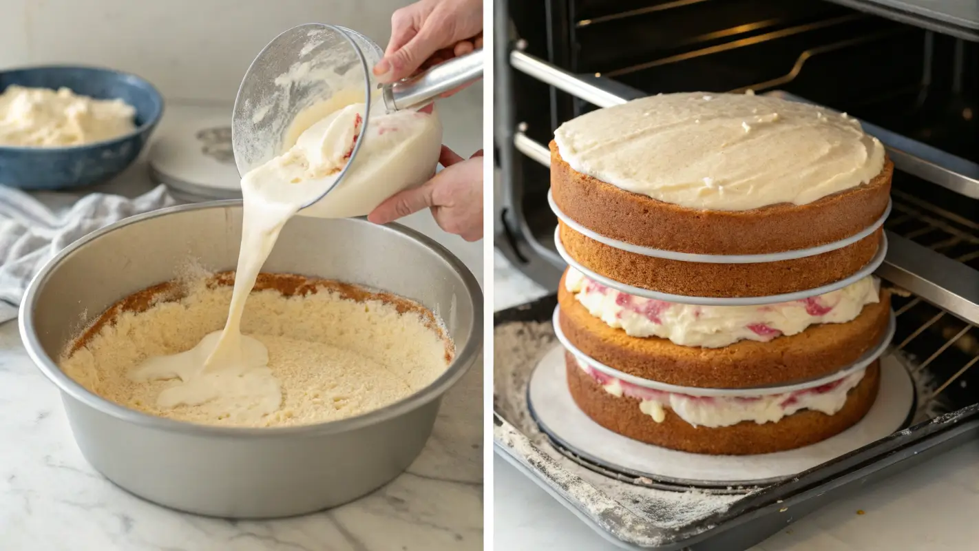 the progression from mixing ingredients to the final frosted cake