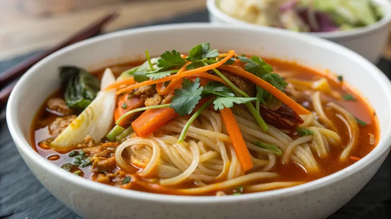 Artistic representation of Tibetan Thukpa with tender noodles, spicy broth, and vibrant vegetables in a bowl.
