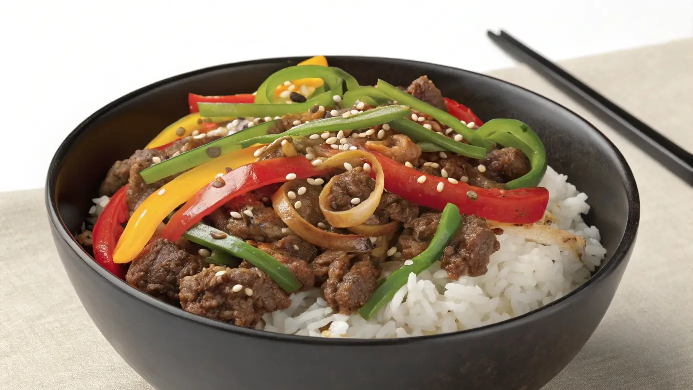 Beautifully plated Beef and Pepper Rice Bowl with colorful bell peppers, tender beef, and rice, garnished with green onions and sesame seeds.