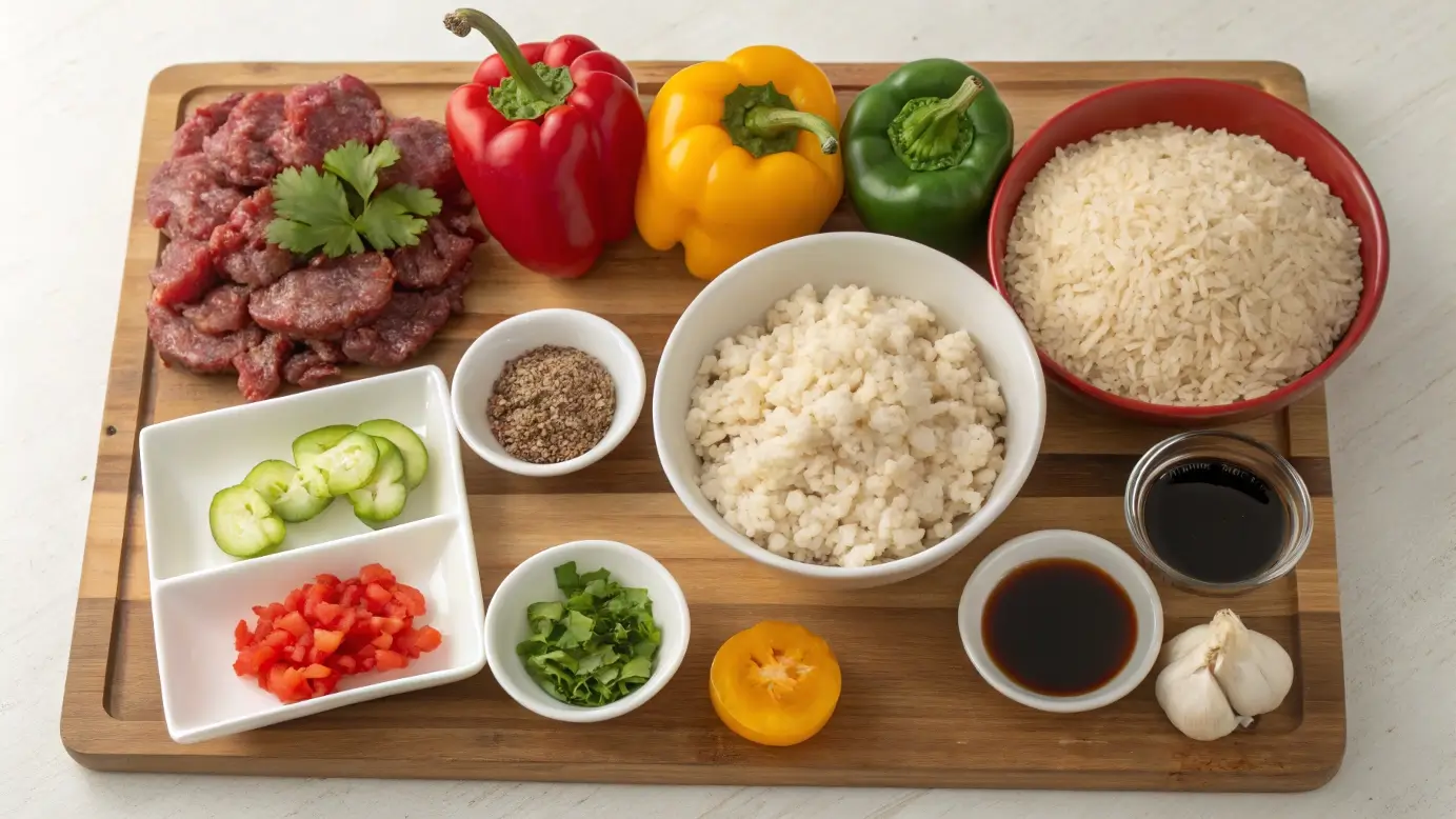 Ingredients for Beef and Pepper Rice Bowl including ground beef, colorful bell peppers, garlic, rice, and sauces arranged neatly.


