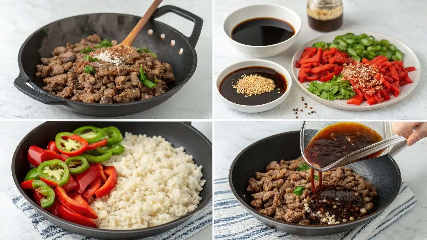 Step-by-step cooking process of Beef and Pepper Rice Bowl from browning beef to garnishing the finished dish over rice.

