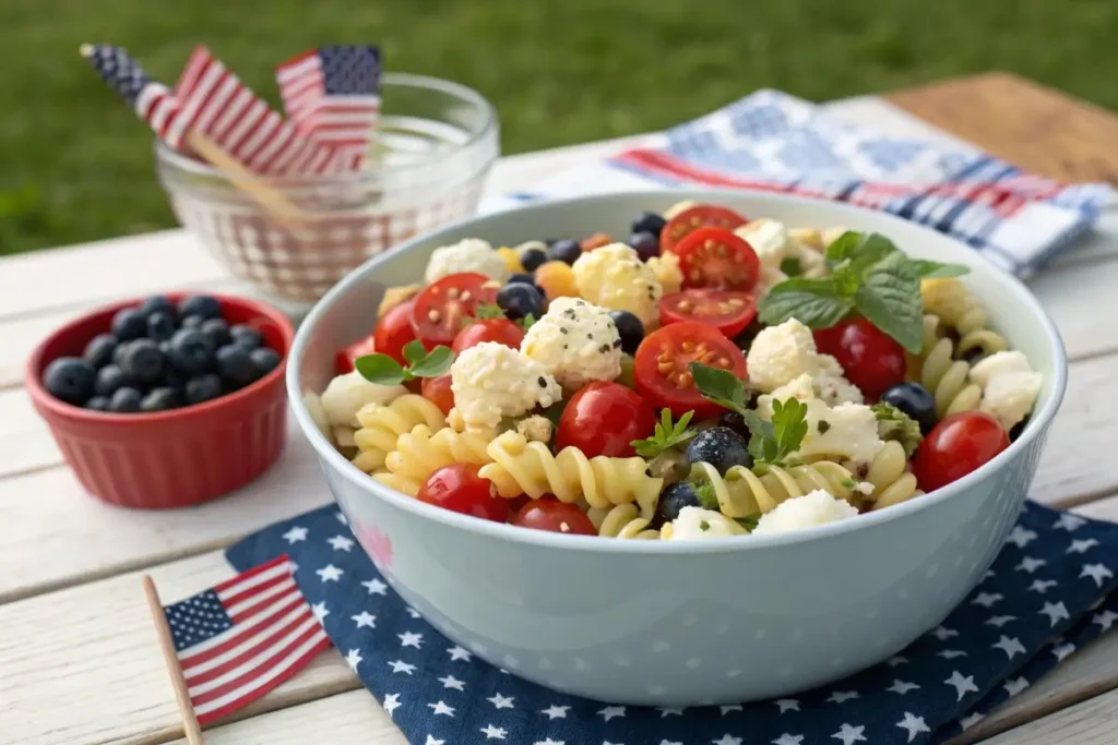 A festive red, white, and blue pasta salad with tomatoes, feta cheese, blueberries, and herbs, served in a large bowl on a patriotic-themed 4th of July picnic table.