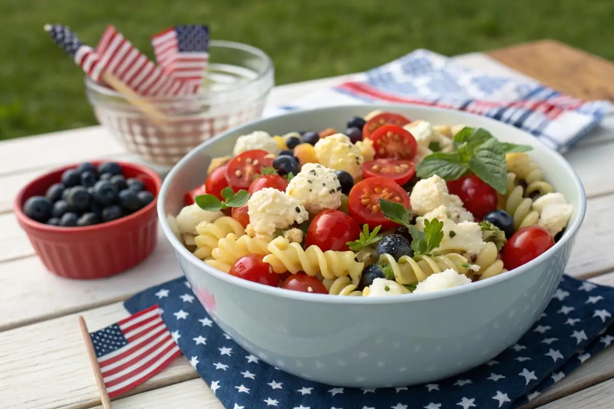 A festive red, white, and blue pasta salad with tomatoes, feta cheese, blueberries, and herbs, served in a large bowl on a patriotic-themed 4th of July picnic table.