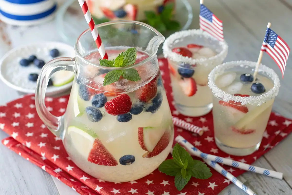A pitcher of red, white, and blue sangria with sliced strawberries, apple stars, and blueberries in white wine, served in glasses with festive straws on a patriotic 4th of July-themed table.