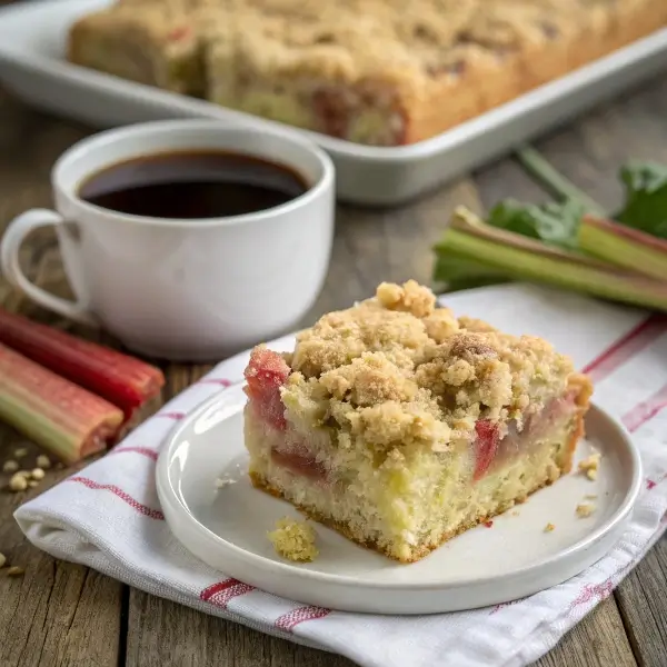 Sliced rhubarb coffee cake on a white plate with crumb topping, next to a cup of coffee and fresh rhubarb stalks.