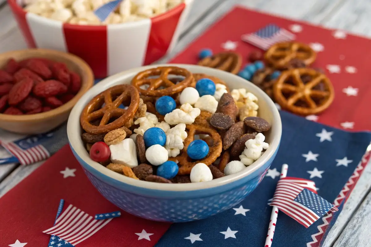 Firecracker trail mix with pretzels, popcorn, dried cranberries, white chocolate chips, and blue candies in a patriotic bowl with 4th of July decorations.