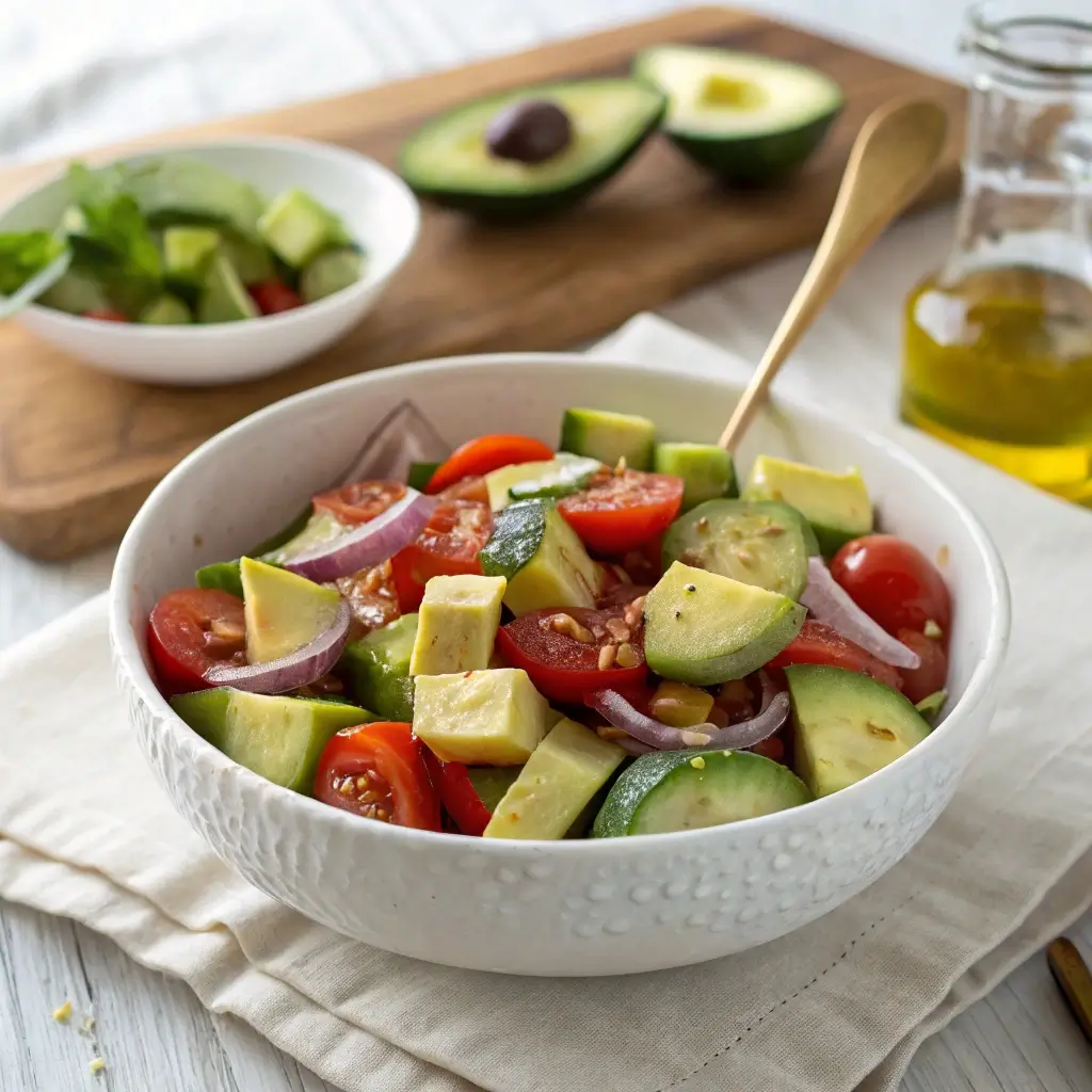 Overhead photo of a cucumber, tomato, and avocado salad with red onions, served in a white ceramic bowl with a light dressing.