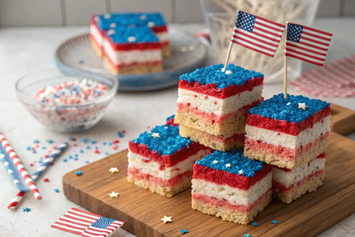Red, white, and blue layered Rice Krispie treats topped with patriotic sprinkles and Pop Rocks, arranged on a serving tray with festive 4th of July decorations in the background.