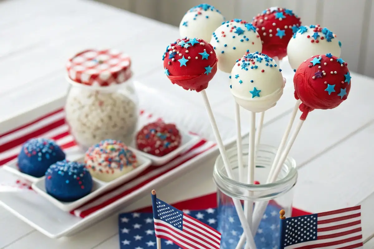 Red, white, and blue cake pops decorated with sprinkles and candy drizzle, displayed in a festive 4th of July-themed container with small American flags.