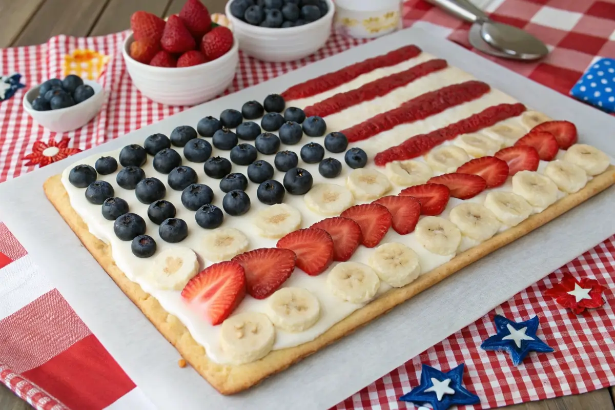 American flag fruit pizza with a sugar cookie crust, topped with cream cheese frosting, blueberries, strawberries, and banana slices arranged to look like the U.S. flag.