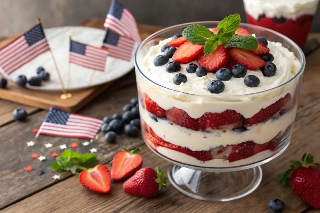 A patriotic no-bake trifle in a glass bowl layered with whipped cream, strawberries, blueberries, and pound cake, topped with fresh berries and mint, displayed on a wooden table with small American flags.