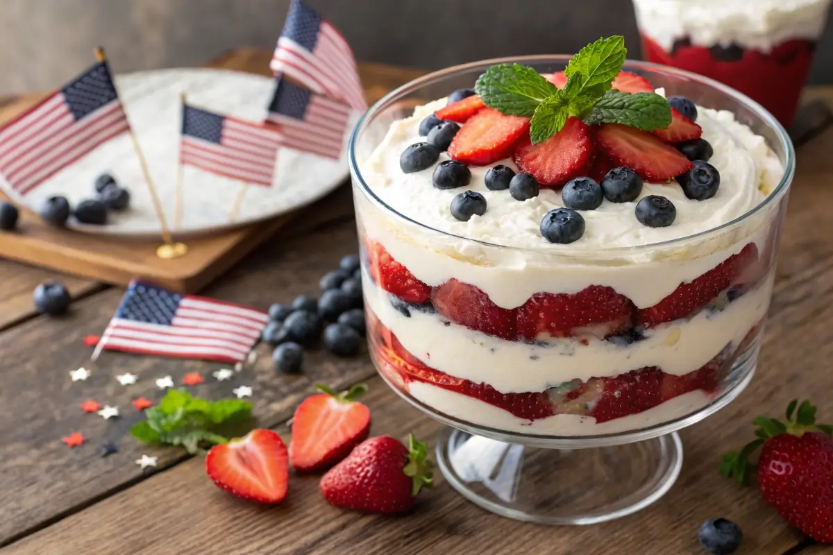 A patriotic no-bake trifle in a glass bowl layered with whipped cream, strawberries, blueberries, and pound cake, topped with fresh berries and mint, displayed on a wooden table with small American flags.
