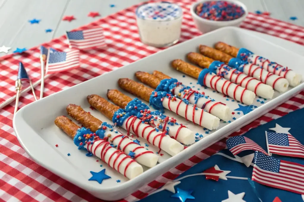 Patriotic pretzel rods dipped in white chocolate and decorated with red and blue drizzle and sprinkles, displayed on a tray with American flags and festive 4th of July decorations.