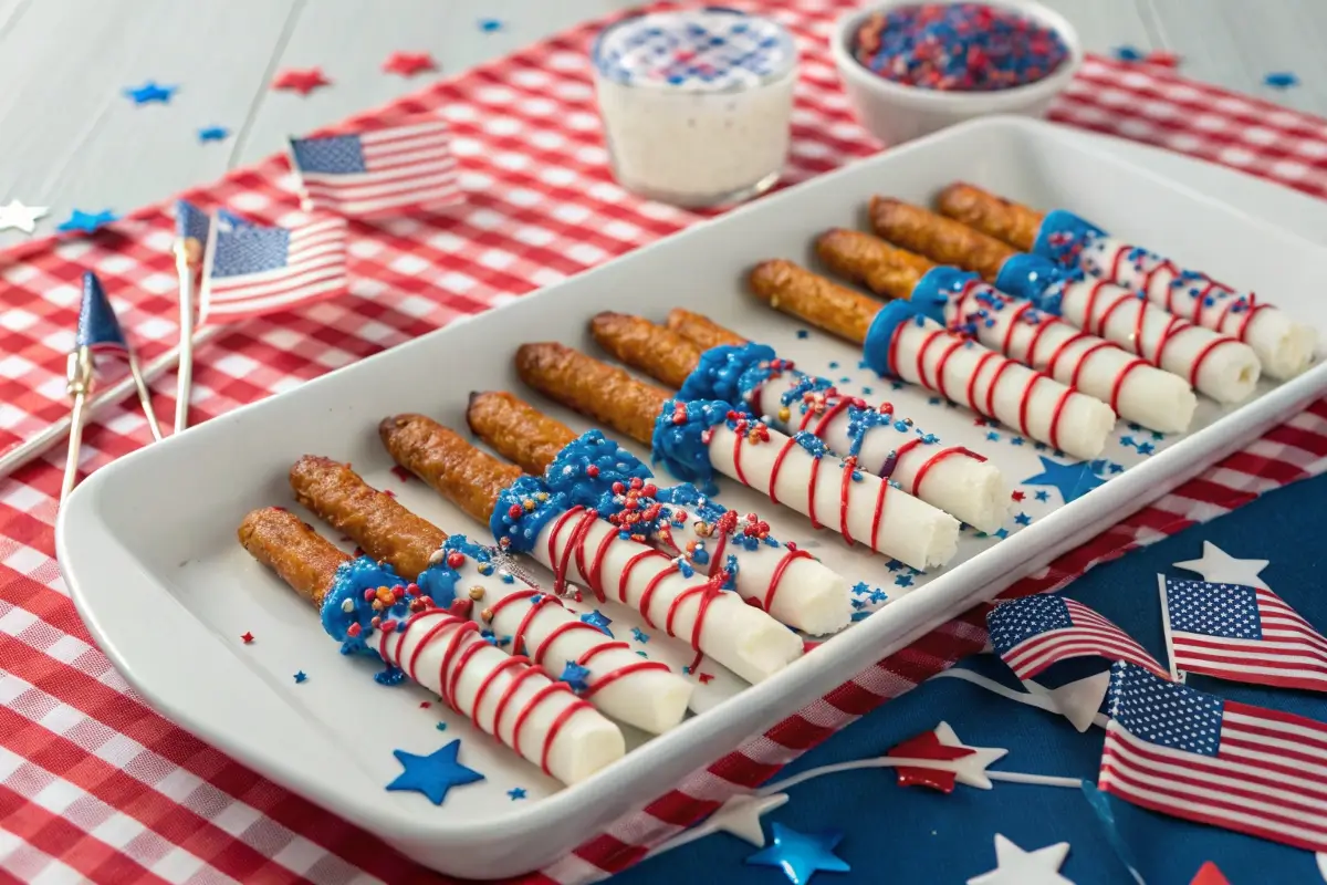 Patriotic pretzel rods dipped in white chocolate and decorated with red and blue drizzle and sprinkles, displayed on a tray with American flags and festive 4th of July decorations.