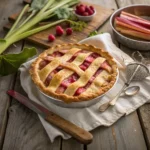 Freshly baked rhubarb pie with lattice crust and bubbling filling, surrounded by rhubarb stalks and rustic kitchen decor.