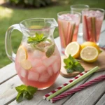 Glass pitcher of rhubarb lemonade with sliced lemons, ice cubes, and fresh rhubarb stalks on the side.