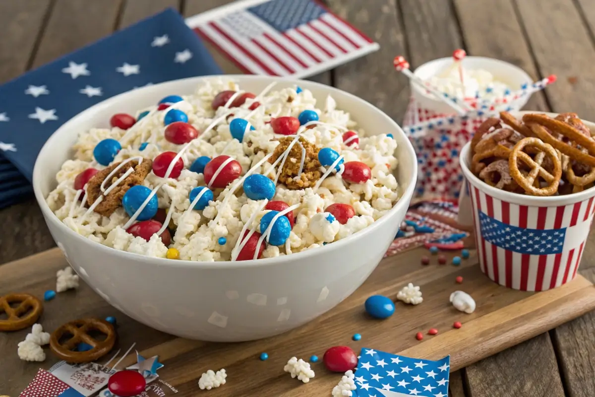 Patriotic popcorn mix with red, white, and blue candy melts, M&M’s, pretzels, and sprinkles in a large bowl, surrounded by American flags and July 4th decorations.