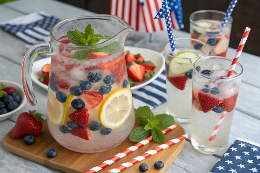 A clear pitcher and glasses of sparkling lemonade with sliced strawberries, blueberries, lemon slices, and mint, served on a 4th of July-themed outdoor table.