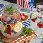 A clear pitcher and glasses of sparkling lemonade with sliced strawberries, blueberries, lemon slices, and mint, served on a 4th of July-themed outdoor table.