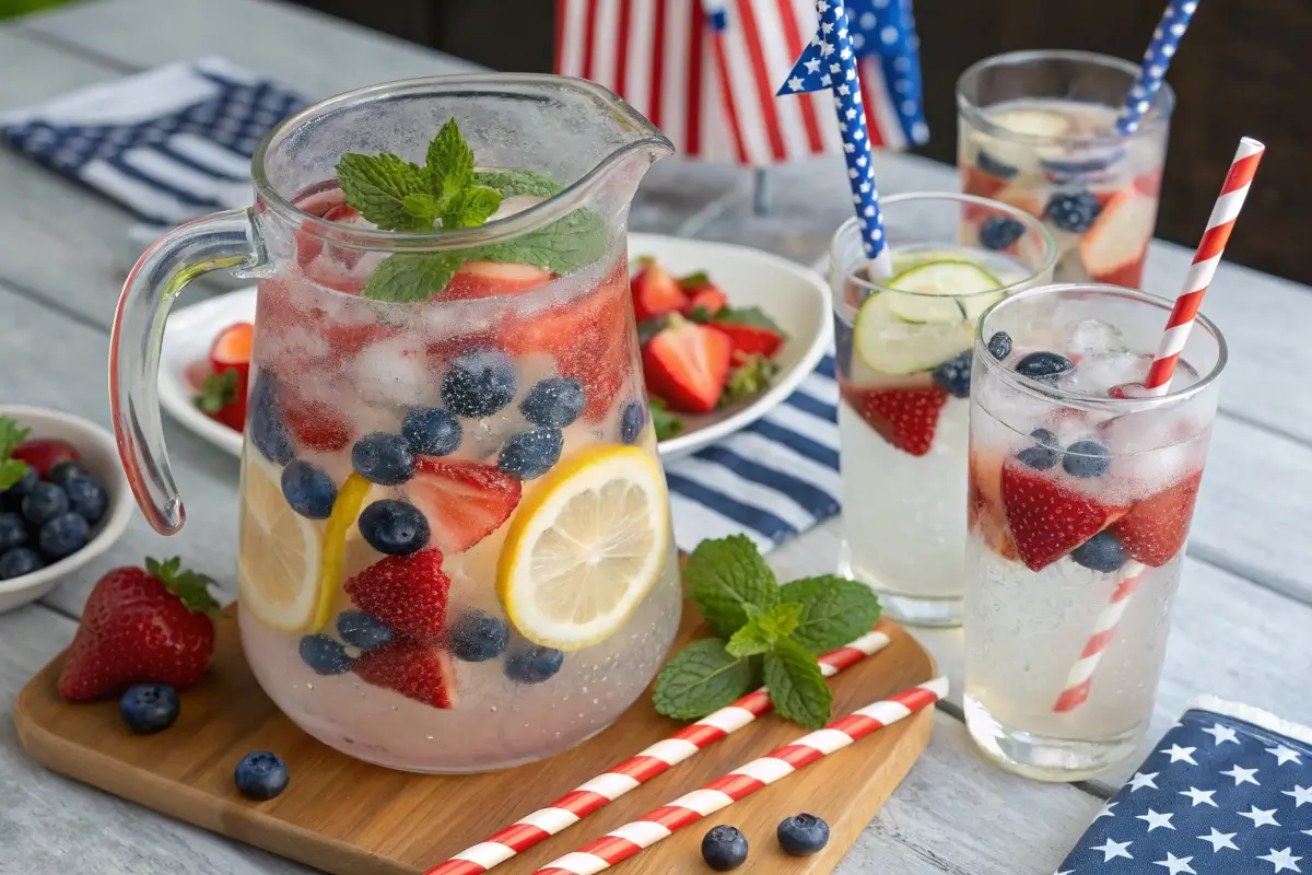 A clear pitcher and glasses of sparkling lemonade with sliced strawberries, blueberries, lemon slices, and mint, served on a 4th of July-themed outdoor table.