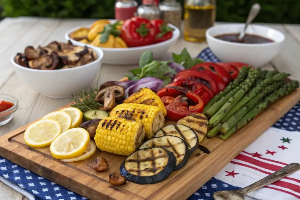 Grilled vegetable platter with charred zucchini, bell peppers, corn, mushrooms, and onions, served with fresh herbs and lemon on a wooden board with patriotic 4th of July décor.
