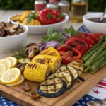 Grilled vegetable platter with charred zucchini, bell peppers, corn, mushrooms, and onions, served with fresh herbs and lemon on a wooden board with patriotic 4th of July décor.