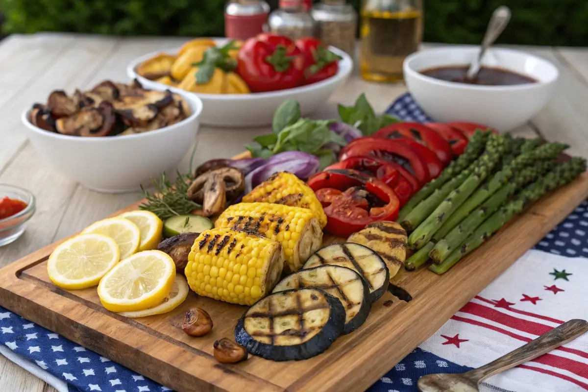 Grilled vegetable platter with charred zucchini, bell peppers, corn, mushrooms, and onions, served with fresh herbs and lemon on a wooden board with patriotic 4th of July décor.