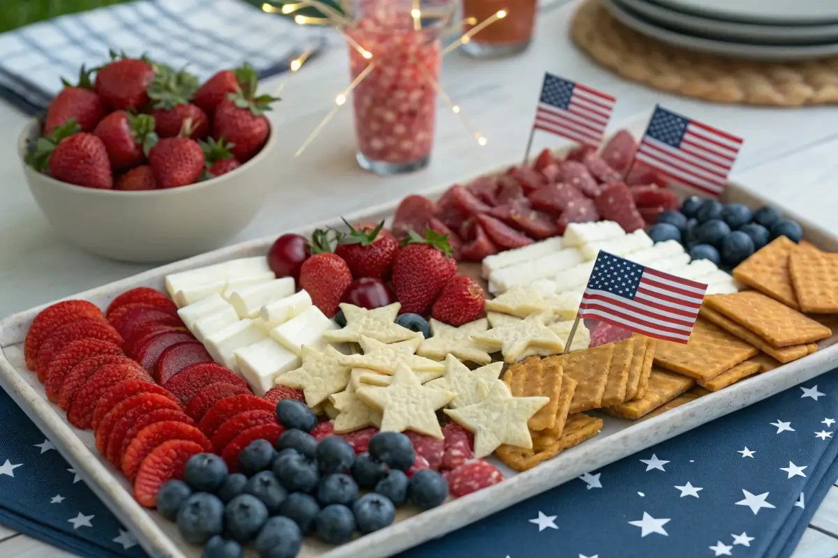 A 4th of July charcuterie board with red, white, and blue fruits, cheeses, meats, and snacks, decorated with American flags and festive party accessories.