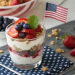 Berry yogurt parfait layered with strawberries, yogurt, blueberries, and granola in a glass, topped with mint and a mini American flag.