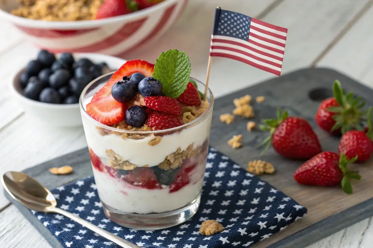 Berry yogurt parfait layered with strawberries, yogurt, blueberries, and granola in a glass, topped with mint and a mini American flag.