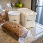 Zucchini bread wrapped in plastic wrap and stored in labeled containers for fridge and freezer.
