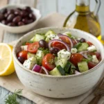 Salad with chopped cucumbers, tomatoes, red onions, olives, and crumbled feta, served in a white bowl with lemon wedges on a rustic table.