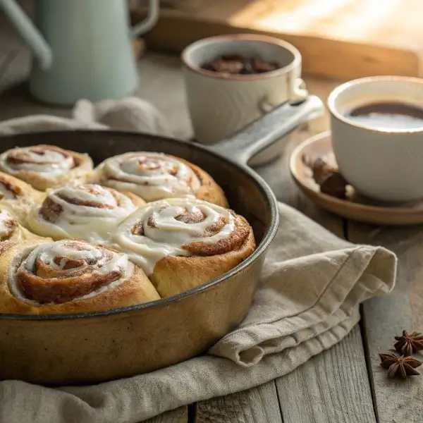 Sourdough cinnamon rolls in a pan with thick cream cheese frosting melting over warm swirls.