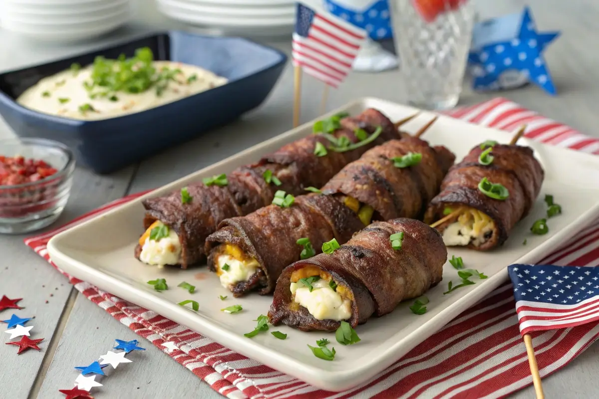 Grilled beef-wrapped jalapeño poppers stuffed with cheese, arranged on a festive 4th of July tray with patriotic decorations in the background.