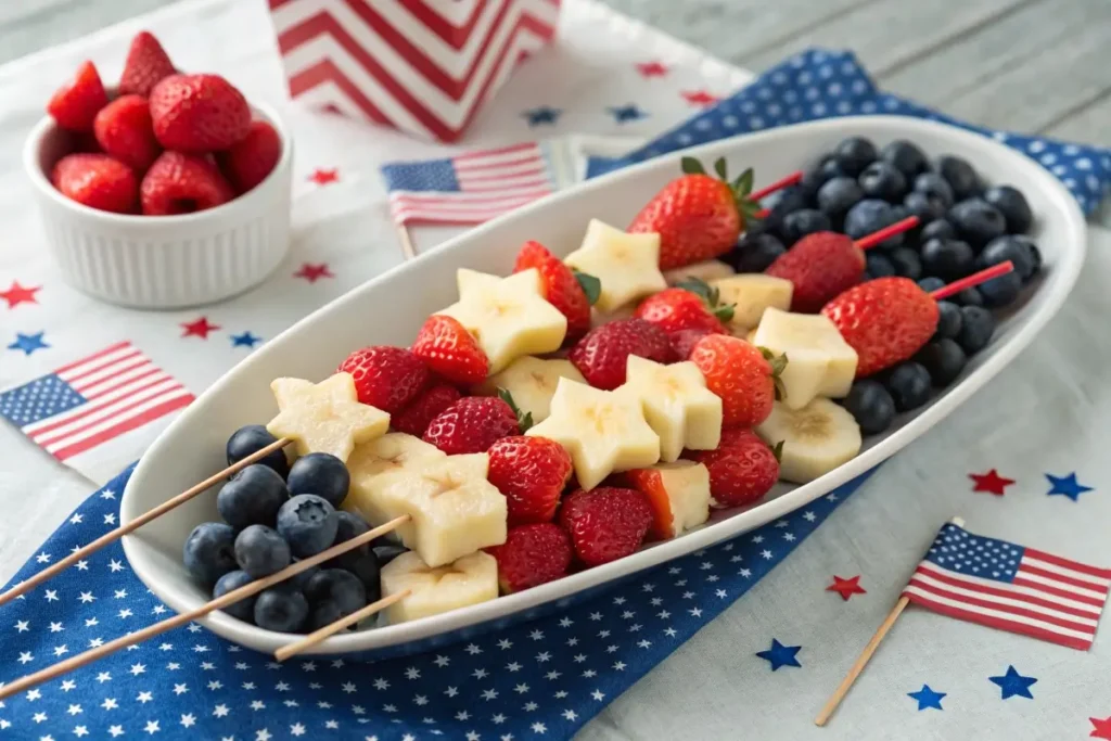Red, white, and blue fruit skewers with strawberries, banana slices, and blueberries, some topped with star-shaped watermelon, arranged on a tray with patriotic decorations for a 4th of July party.
