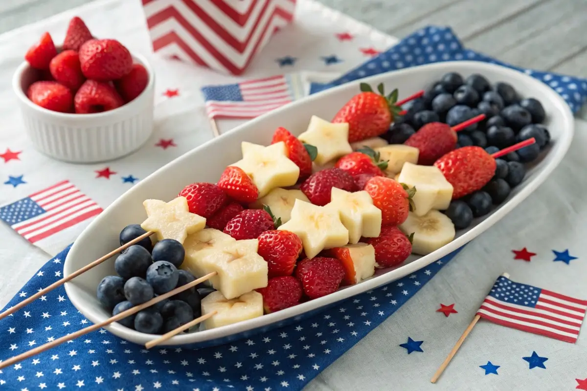 Red, white, and blue fruit skewers with strawberries, banana slices, and blueberries, some topped with star-shaped watermelon, arranged on a tray with patriotic decorations for a 4th of July party.