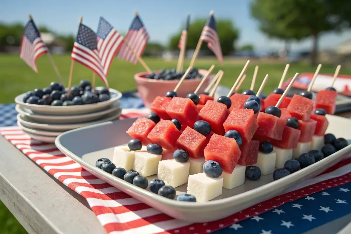 Mini skewers with watermelon cubes, feta cheese, and blueberries arranged on a festive 4th of July platter with patriotic decorations in the background.