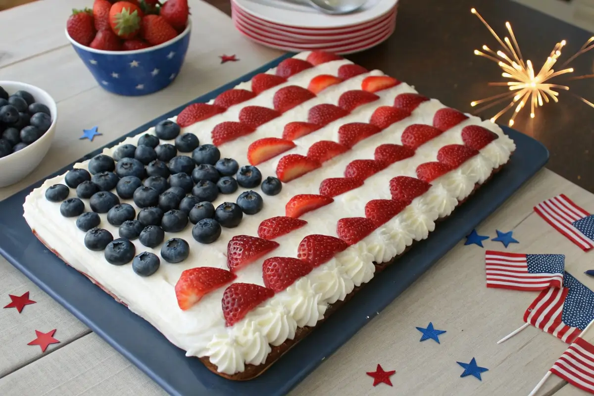 A rectangular flag cake with whipped topping, blueberries in the top-left corner, and rows of strawberries forming red stripes, styled with patriotic decorations for a Fourth of July celebration.