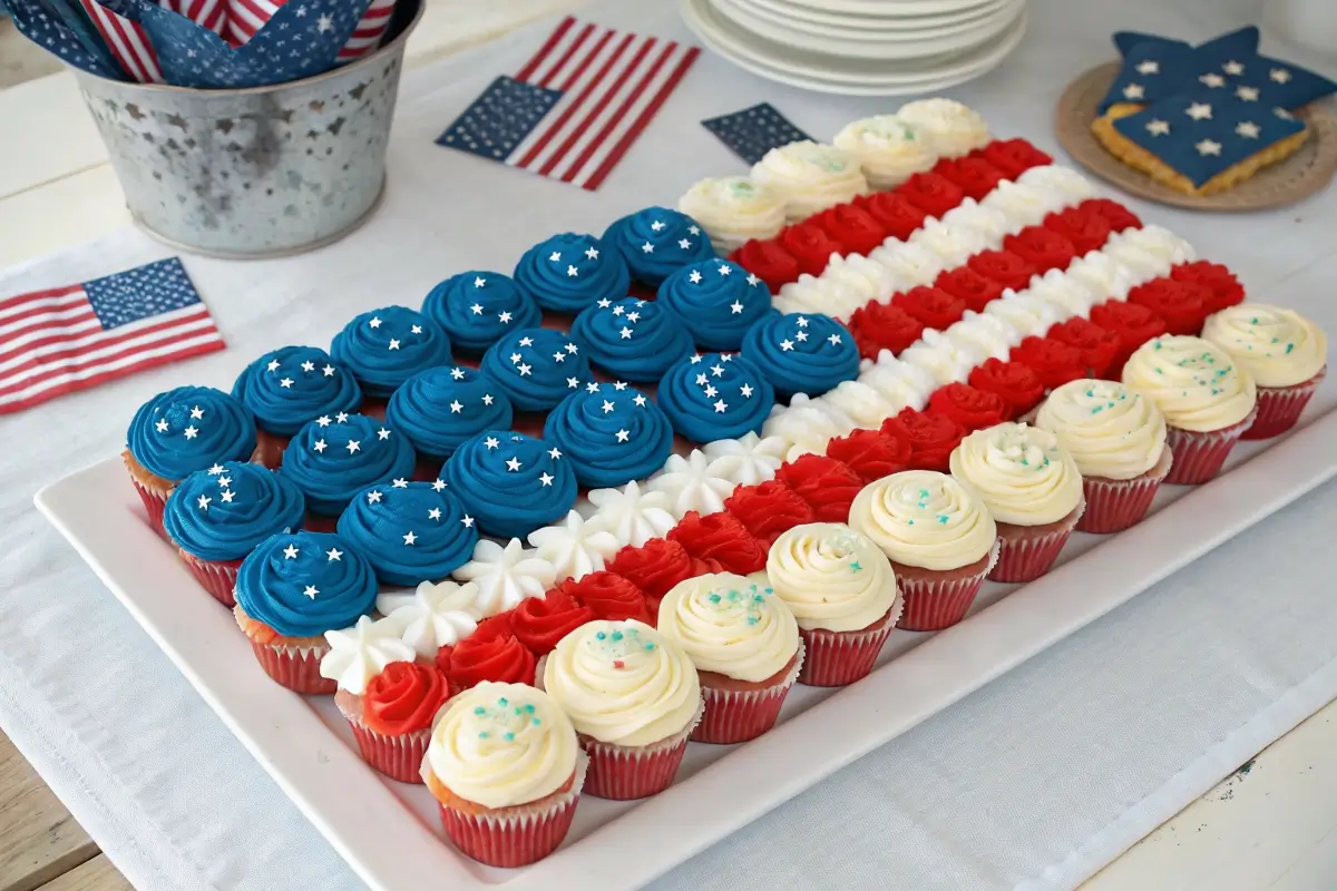 Cupcake cake arranged in the shape of the American flag with red, white, and blue frosting, decorated with stars and patriotic 4th of July accents.