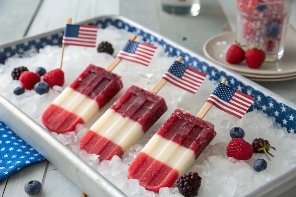 a row of red white and blue layered popsicles
