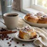 Steaming cup of coffee beside a plate of sourdough cinnamon rolls with cream cheese icing and powdered sugar dusting.