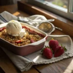 Overhead shot of strawberry rhubarb crisp in a rustic baking dish, topped with golden oat crumble and served with a scoop of vanilla ice cream.