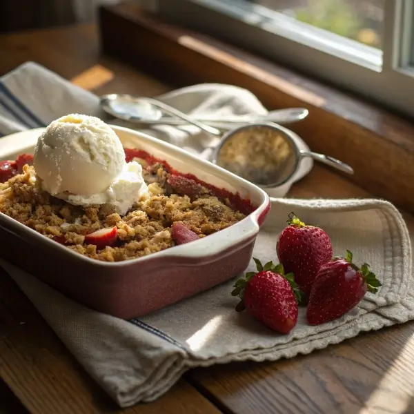 Overhead shot of strawberry rhubarb crisp in a rustic baking dish, topped with golden oat crumble and served with a scoop of vanilla ice cream.