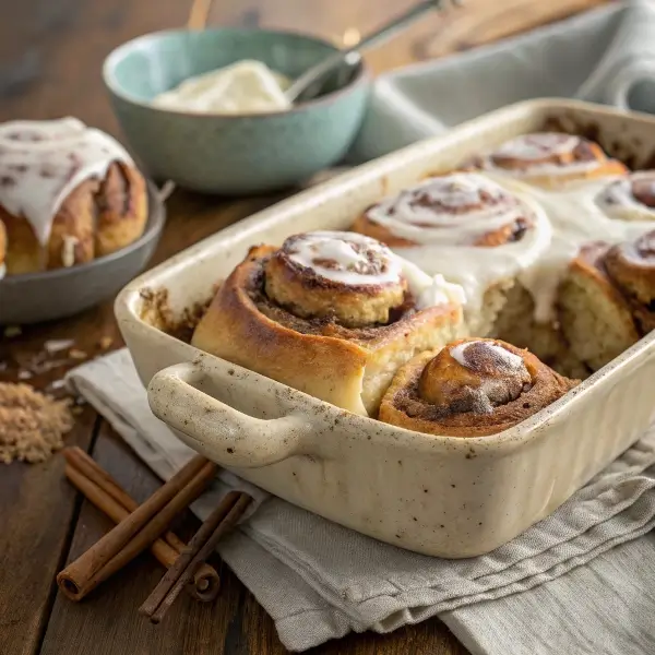 Close-up of gooey sourdough cinnamon rolls topped with drippy cream cheese frosting in a rustic baking dish.