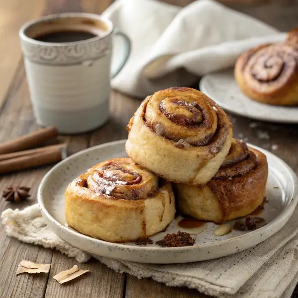 Stack of sourdough cinnamon rolls with a glossy brown butter glaze, served on a farmhouse-style plate.