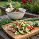 Rustic zero-waste salad made from cucumbers, tomatoes, herb stems, and veggie scraps beside a compost bowl on a cutting board.